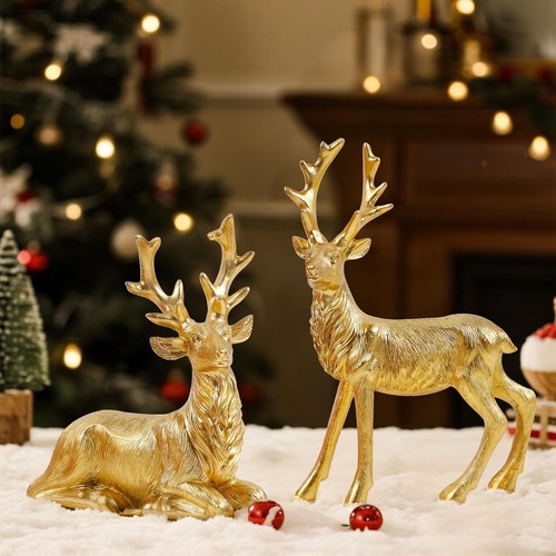 Lulu Home Gold Reindeer Figurines, Set of 2 Nordic Resin Christmas ...