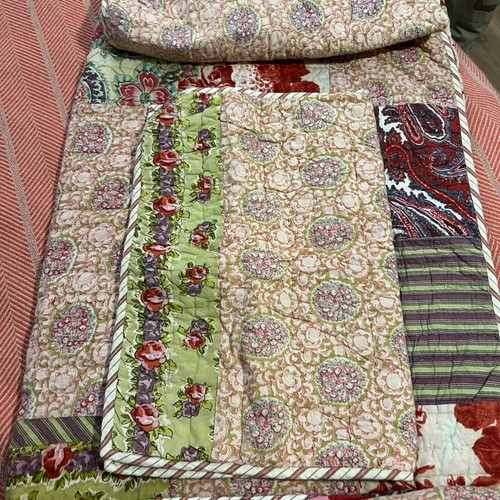 POTTERY BARN Quilt Cranberry Red Pink Patchwork Floral Reversible Stripe Queen - Picture 19 of 20