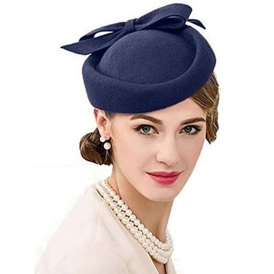 Wool Felt Vintage Fascinator Winter Women Elegant Pillbox Hat Bowknot Derby C...