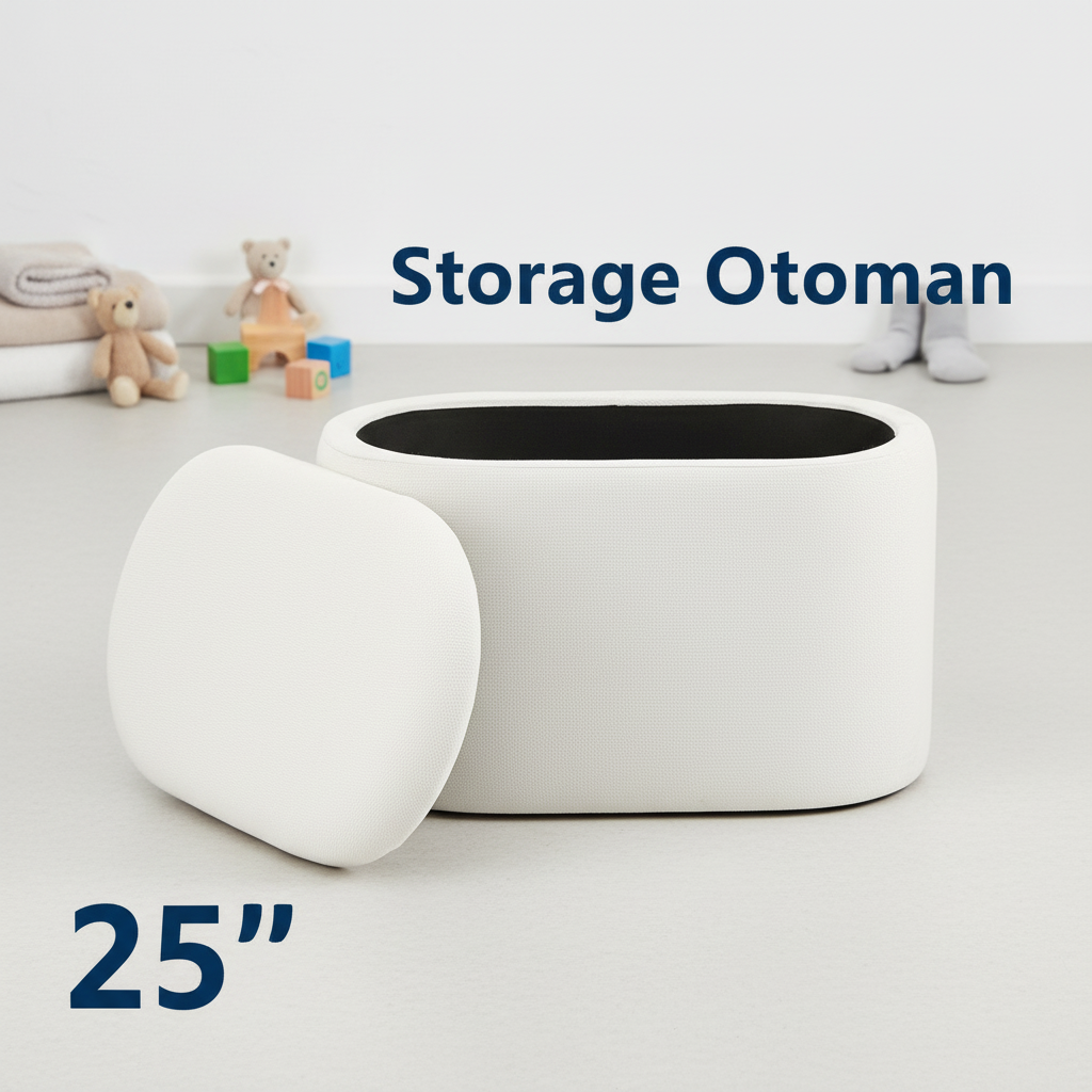 25'' Linen Oval Small Seat Storage Ottoman Footstool Seat for Modern Living Room