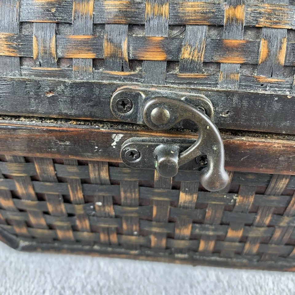 Vintage Hinged Small Wood Chest Trinket Box  Cane & Rattan Woven Basket Trunk - Image 2 of 4