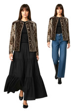 Chico's Crushed Velvet Floral Panel Jacket 2 L Brown Gold Button Mixed Media NEW