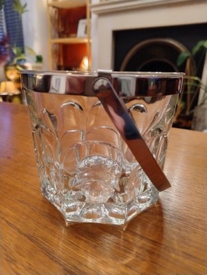 Vintage schwerer 70er Jahre Pressglas und verchromter Griff Eiskübel Duralex Spanien