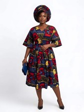 African Print Midi Dress with Matching Headwrap  One Size