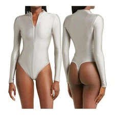 Skims Disco Long Sleeve Bodysuit Mock Neck Thong Silver Women's Size Small 