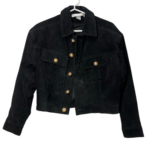 Vtg The Limited Womens 100% Leather Suede Jacket Cropped Black Pearl Buttons 90s