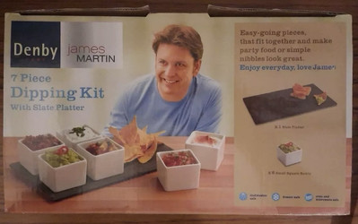 Denby James Martin 7-teiliges Dippset 6 weiße Keramikschalen mit Schieferplatte