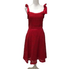Carolina Herrera Fit And Flare Dress Womens 4 Red Eyelet Lace Tie Strap Romantic