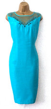 JACQUES VERT Aqua Blue Satin Occasion Dress UK 20/22 Mesh Yoke Floral Detail