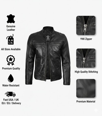 Men's Black Distressed Cafe Racer Motorcycle Biker Real Lambskin Leather Jacket