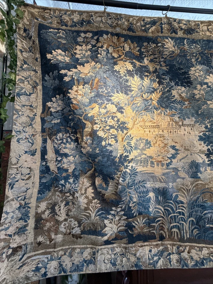 Шикарный антикварный машинный тканый гобелен 17 века в зеленом стиле + подложка - Изображение 4 из 4