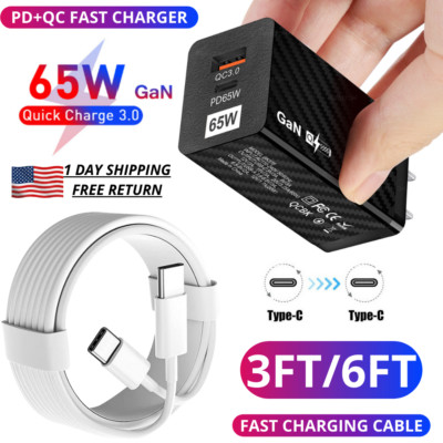 65W GaN USB Fast Wall Charger Adapter PD Type C Cable For MacBook iPhone Samsung