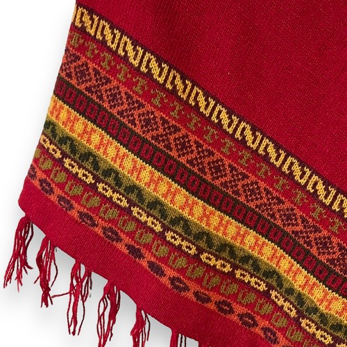 Vintage Alpaca Wool Red Fringed Poncho Shawl Festival Ethnic Boho Knit Sweater - Picture 8 of 10