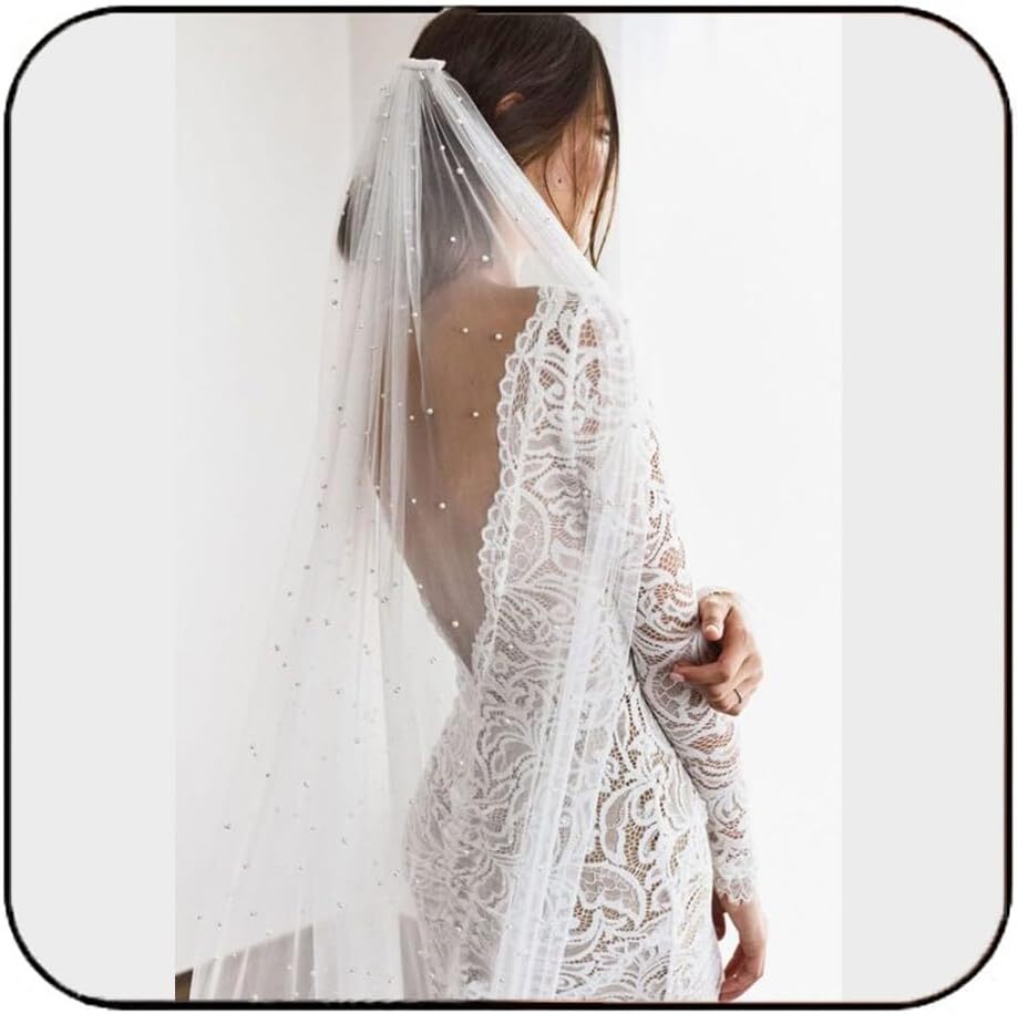 Latious Pearl Cathedral Bride Wedding Veils White 1 Tier  display picture 3