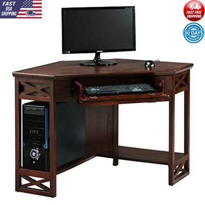Corner Computer Writing Desk Solid Wood Pull Out Drawer Shelf Compact Design New