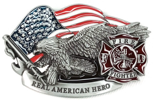 Vintage Enameled Belt Buckle Fire Fighter Real American Hero Flag & Eagle
