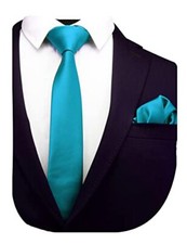 2.4" Slim Necktie and Handkerchief Set For Men Solid Skinny Tie Turquoise Blue