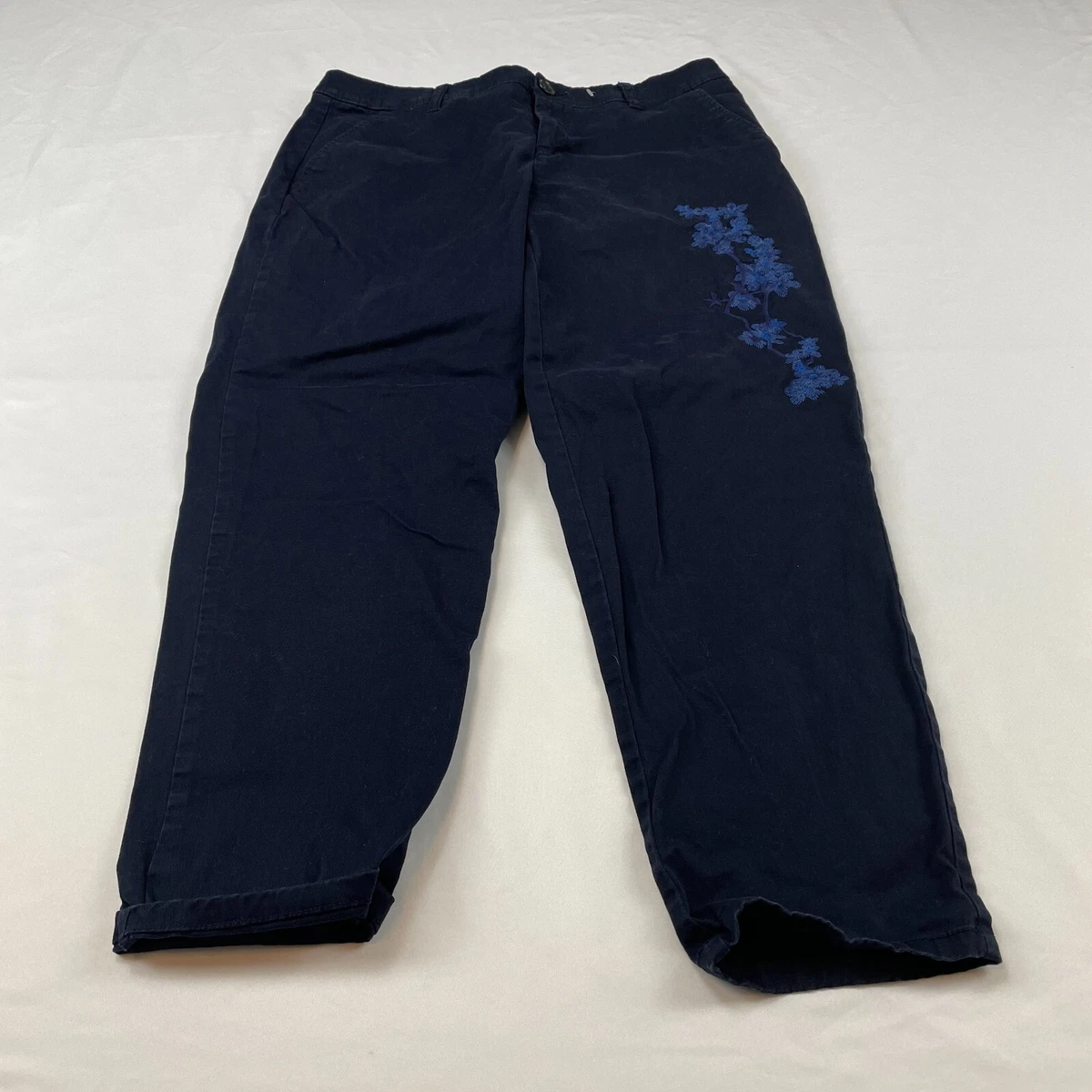 Liz Claiborne Pants Womens 10 Classic Blue Floral Embroidered Cotton 34x25.5