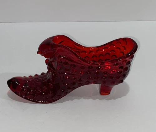 Fenton Art Glass Vintage Ruby Red Hobnail Cat Head Shoe Slipper - Excellent