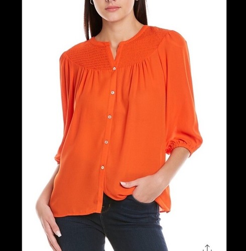 Nanette Lepore Plissee Bluse Damen L orange Langarm gesmokt V-Ausschnitt Oberteil