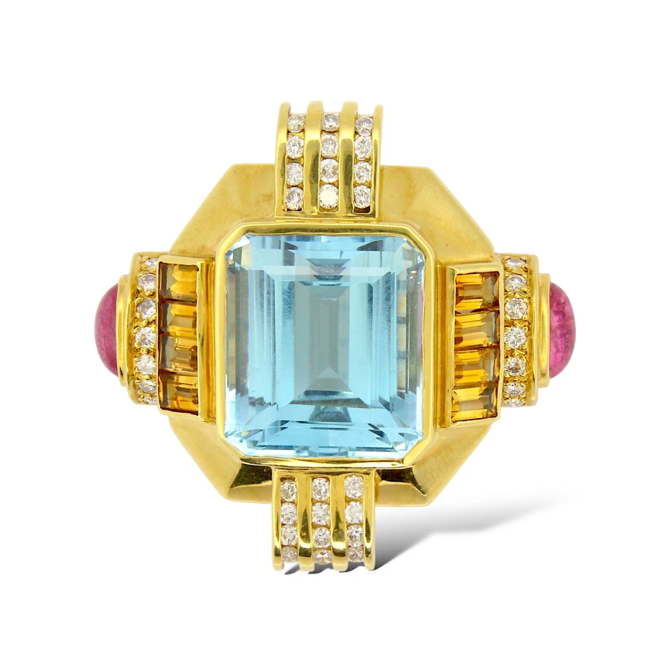 Broche LAGOS Grande Topacio Azul, Diamante 1.25ct, Turmalina Rosa y Citrino