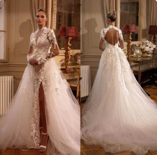 Vintage Mermaid Wedding Dress Appliques High Neck Backless Bride Gowns Sheer