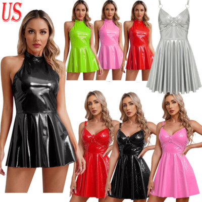 Womens Patent Leather Slip Dress Wet Look O-Ring Rivets Strappy A-Line Mini Dress Clubwear Gothic Punk Rave Dance Party Dresses Red / 5XL