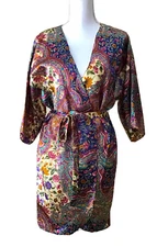 VTG California Miss Satin Kimono Robe M Floral Paisley Print Vibrant Color Short