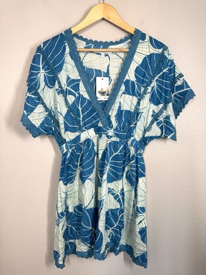 America & Beyond M Tropical Palm Fiesta Crochet Trim Mini Dress Cover Up Tunic
