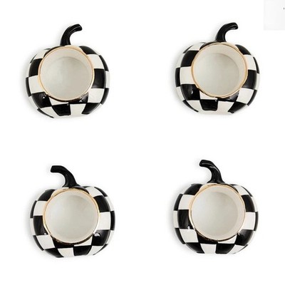 Mackenzie Childs COURTLY CHECK PUMPKIN Napkin Ring Set of 4 Hand-Painted Ceramic