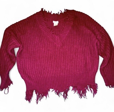 Main Strip Cropped Sweater Hot Pink Loose Weave Drop Shoulder Sweater Size S