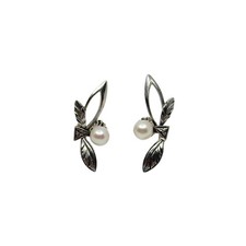 Leaf Saltwater Japanese Akoya Cultured Pearl Sterling Silver Stud Earrings