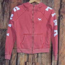 PINK Women's Sz XS Distressed Logo Full-Zip Hoodie Hooded Jacket - No Drawstring
