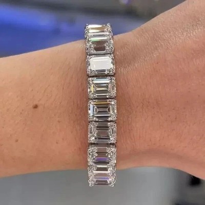92 ctw Emerald Cut Created Diamond 14K White Gold Plated Wedding Tennis Bracelet
