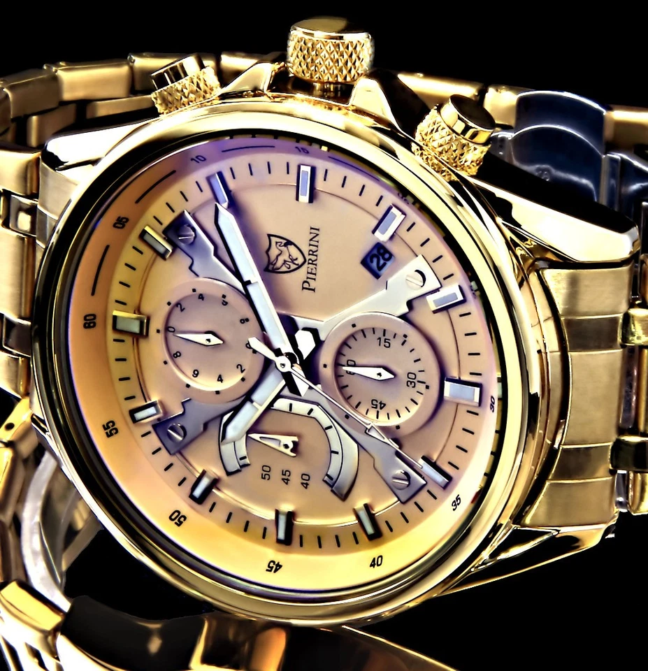 Pierrini Herren Armband Uhr Chronograph Gold Farben Gelb Butterflyschließe - Bild 2 von 3