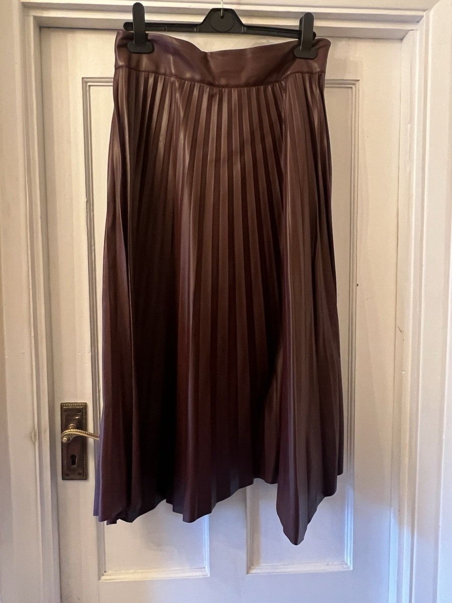 New ZARA Faux Leather Burgundy Midi A-Line Pleated Asymmetric Hem