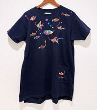 Vintage Swan Magic S / M Womens Embroidered Cotton Fish Pocket Shirt Dress Blue