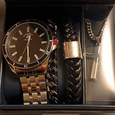 Beverly Hills Polo Club Men's Silver/Black Watch Bracelet Necklace Cross Set