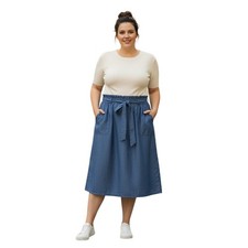 Liz Claiborne Womens SoftChambray Denim Midi Skirt TieWaist Pockets Blue 26"Long