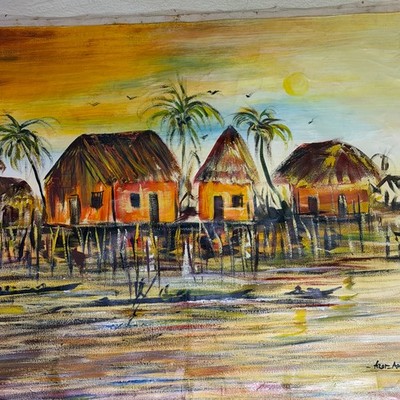 Water Village - Hand Painted Acrylic Bamako, Mali