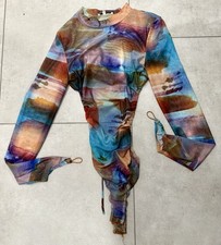 Fashion Nova Women's Small Sheer Mesh Backless Bodysuit Watercolor