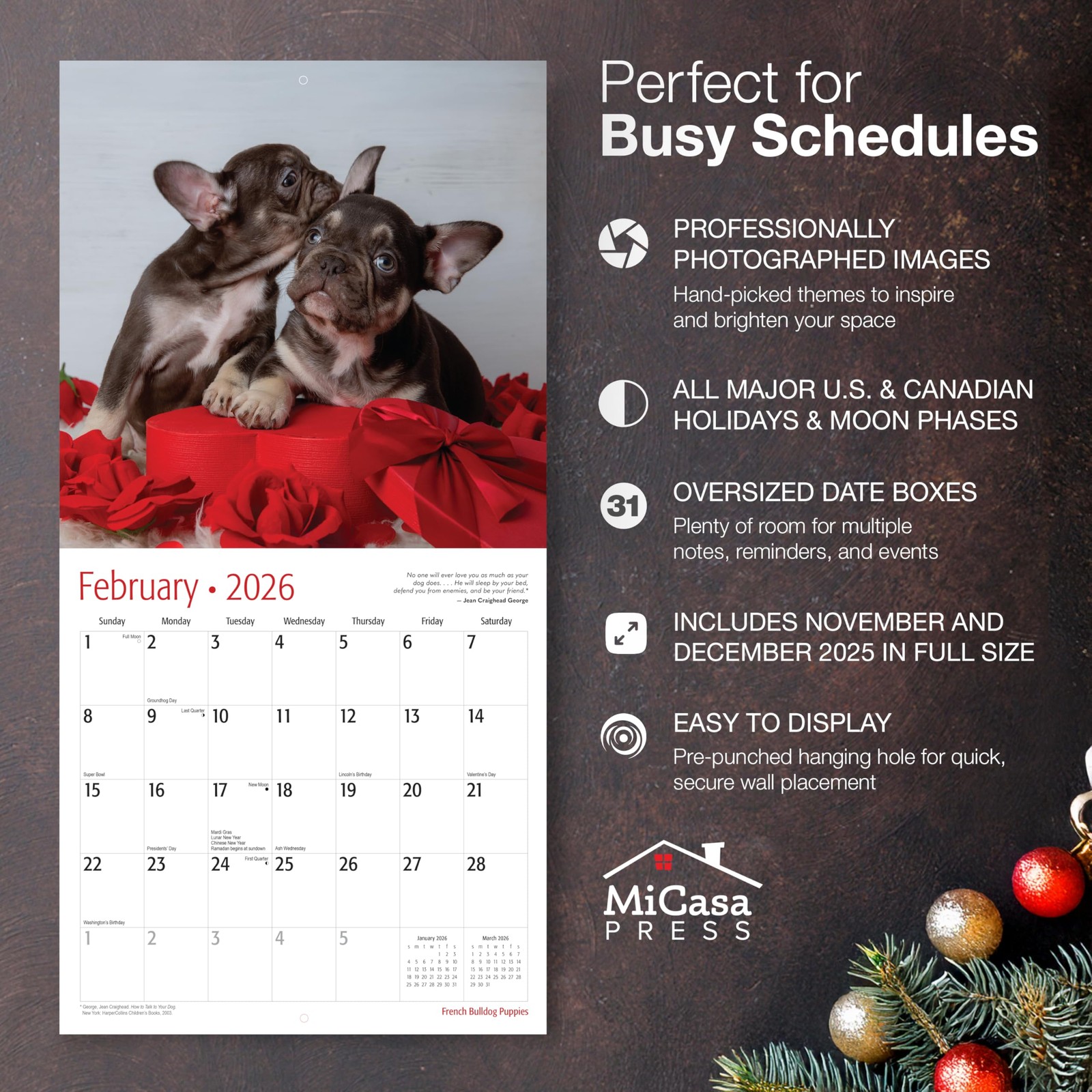 MICASA PRESS French Bulldog Puppies 2026 Wall Calendar 12 Month | 12 x 24