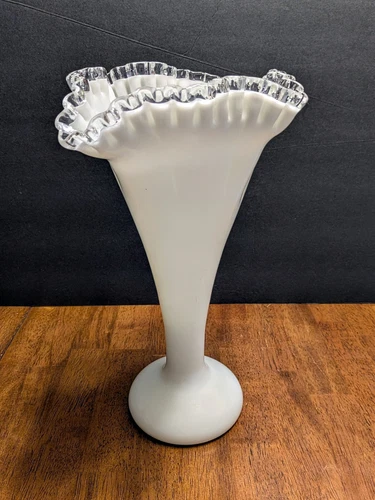 FENTON ART GLASS "Silver Crest" Tall Fan Vase 13" Ruffled/Crimped MCM USA VTG