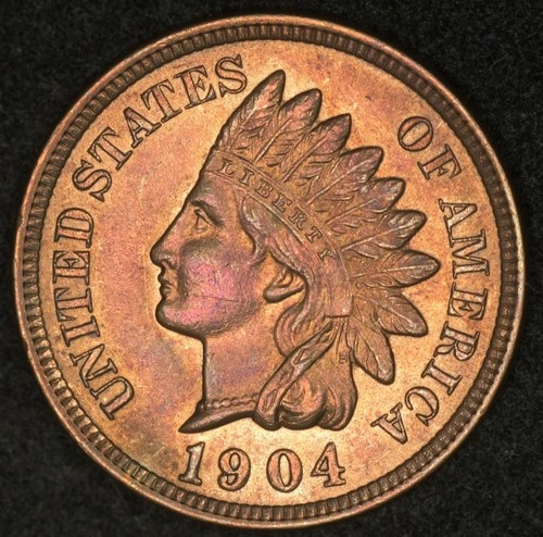 1904 INDIAN HEAD CENT LUSTROUS UNCIRCULATED BRIGHT PURPLE TONED RED/BROWN