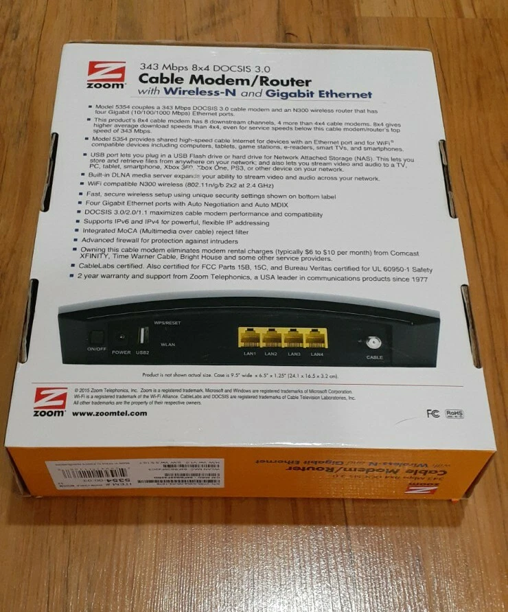 Zoom 8x4 DOCSIS 3.0 343 Mbps Cable Modem/Router Model 5354 W/ Power Adapter - Image 2 of 4