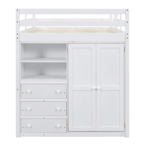 Wood Full Size Loft Bed w/ Built-in Wardrobe/Desk/Storage Shelve & Drawers White - Picture 12 of 20