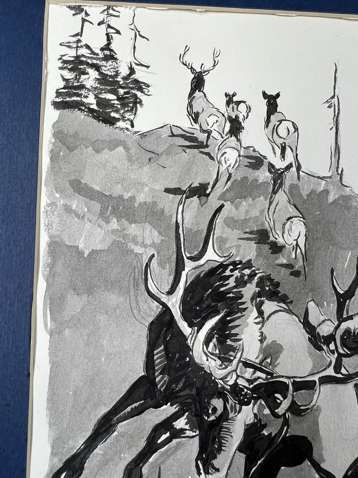 Rusty Phelps Buck Charging Cowboy Watercolor & Ink Painting Deer Signed 1970 - Image 3 of 4