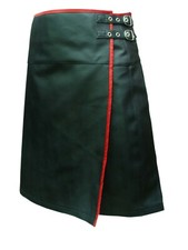 Mens Real Leather Kilt Wrap Style LARP Pleated Scottish Flat Front with Piping