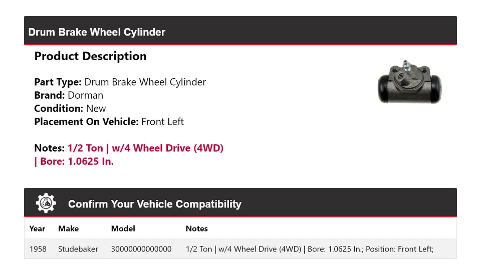 Cilindro de rueda de freno de tambor delantero izquierdo Studebaker 3E13 Dorman 1958 Foto 2 de 3