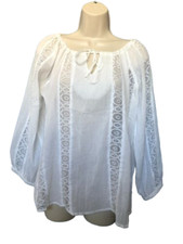 SW White Semi-Sheer Blouse Size M Lace Trim Long Sleeve Top Women's
